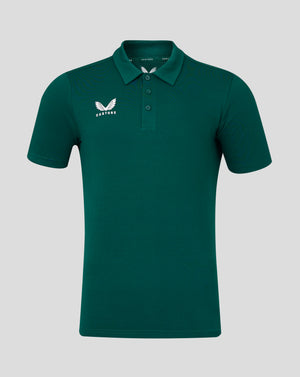 Front view of botanical garden green men's cotton polo with self fabric collar three button placket and Castore logo on chest