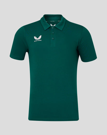 Front view of botanical garden green men's cotton polo with self fabric collar three button placket and Castore logo on chest