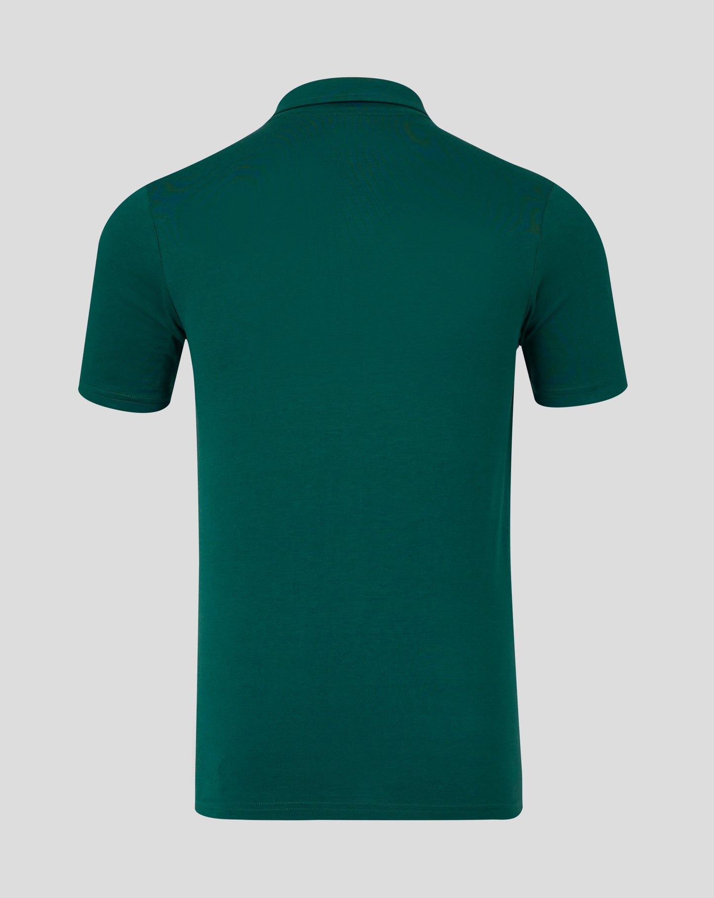 Back view of botanical garden green polo showing collar and shoulder seam