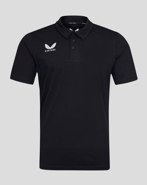 Front view of black Castore polo shirt with white wing logo on the left chest and a three button placket