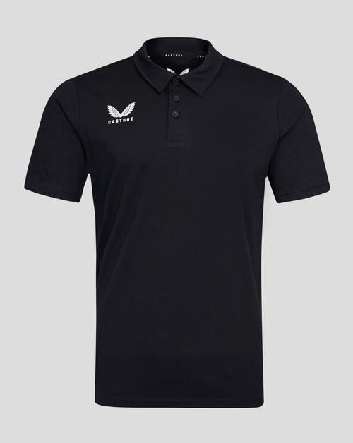 Front view of black Castore polo shirt with white wing logo on the left chest and a three button placket