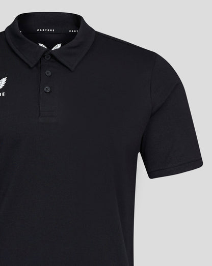 Close up of black Mens Cotton Leisure Polo with self fabric collar three button placket and white Castore logo on chest.