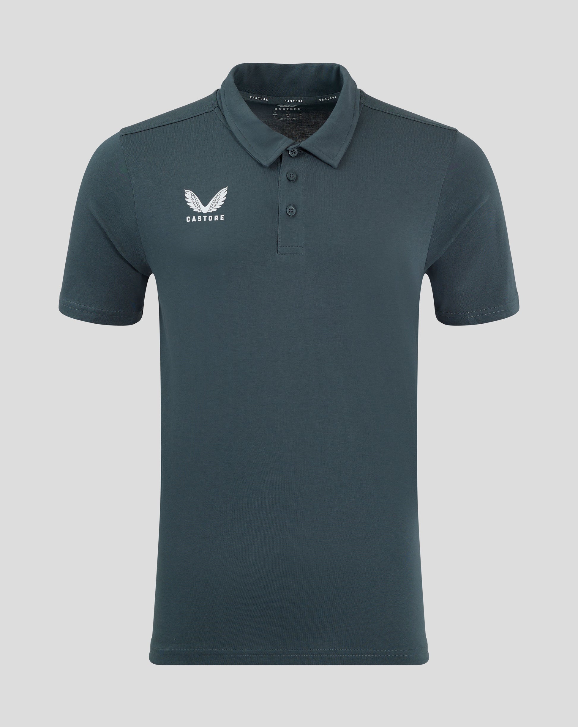 Dark slate cotton leisure polo with self fabric collar three button placket and Castore logo on chest