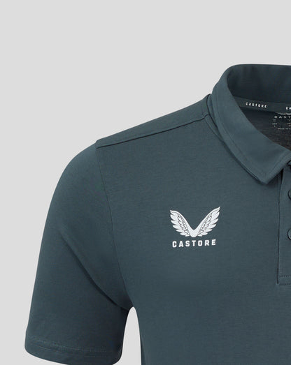 Close up of dark slate polo collar with self fabric collar and three button placket