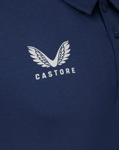 Navy cotton leisure polo shirt close up with a white Castore wing logo on the chest and a visible collar.