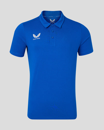 Blue cotton polo shirt with white Castore wing logo on the left chest