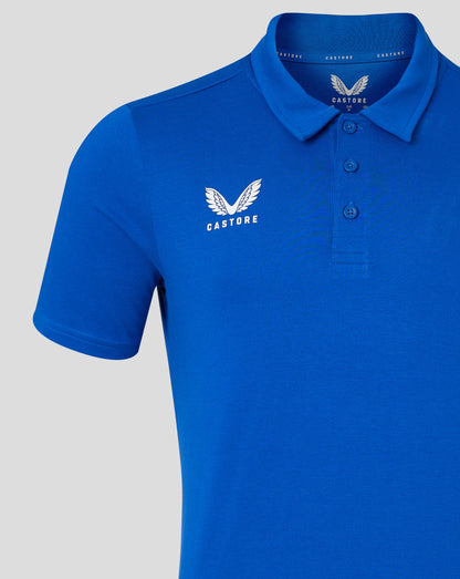 Bright blue polo with self fabric collar and white Castore logo on the left chest