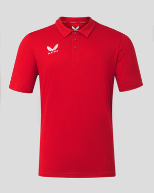 Front view of bright red Mens Cotton Leisure Polo with self fabric collar three button placket and Castore logo on chest.