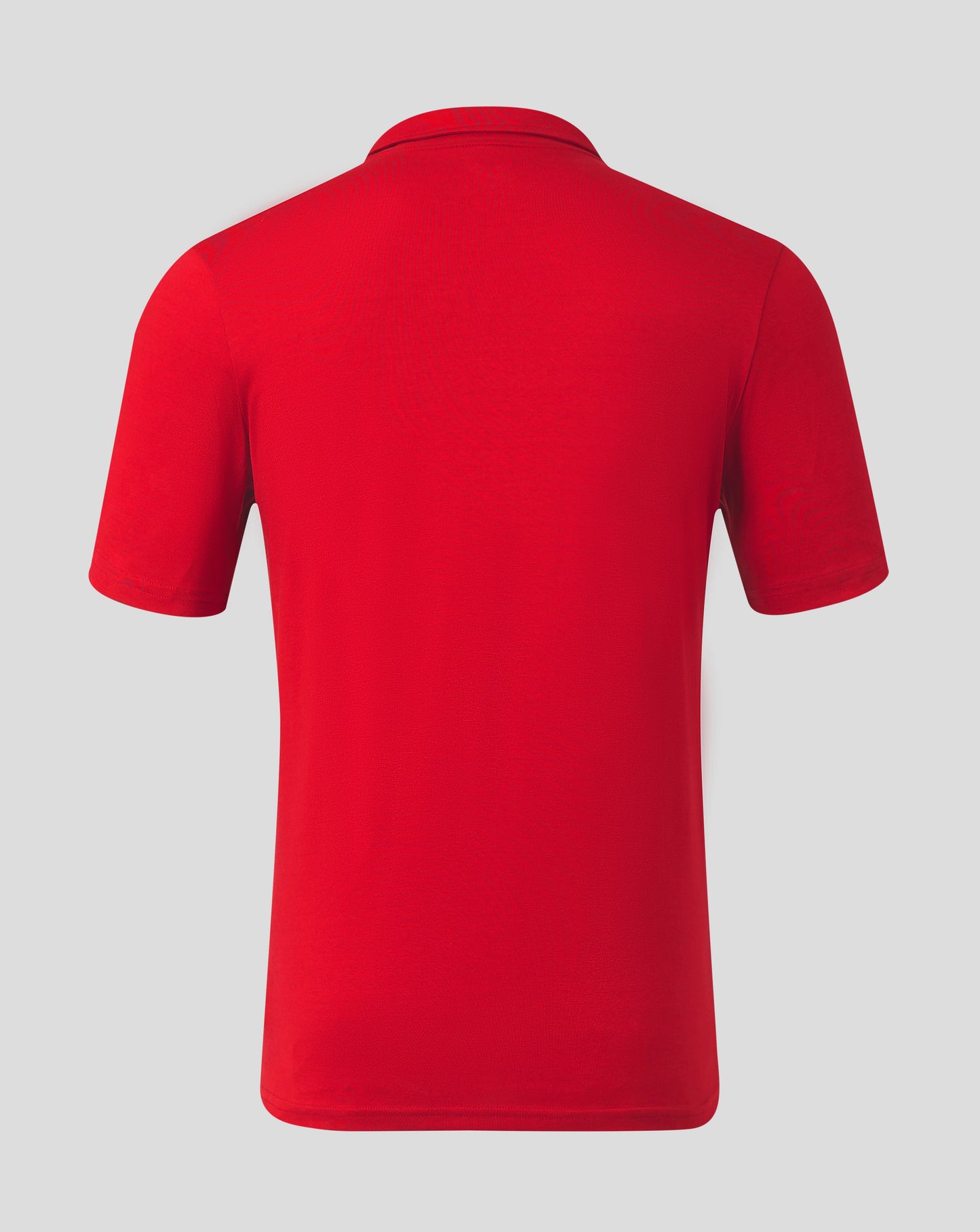 Back view of red Mens Cotton Leisure Polo showing collar and short sleeves.