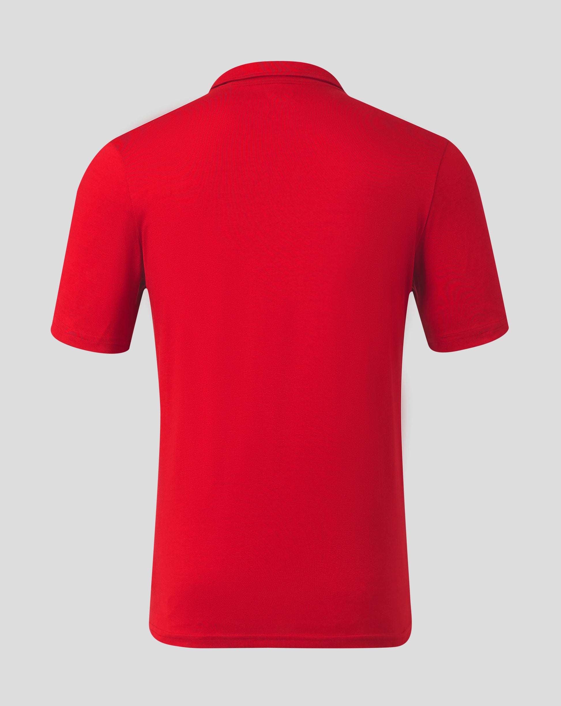 Back view of red Mens Cotton Leisure Polo showing collar and short sleeves.