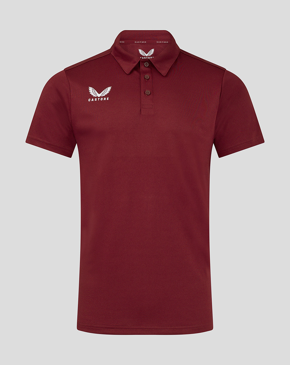 Mens Performance Polo in Biking Red with self fabric collar three button placket forward shoulder seam and heat sealed Castore logo on chest
