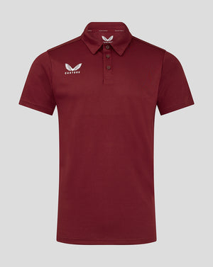 Mens Performance Polo in Biking Red with self fabric collar three button placket forward shoulder seam and heat sealed Castore logo on chest