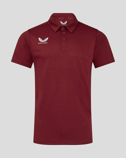 Mens Performance Polo in Biking Red with self fabric collar three button placket forward shoulder seam and heat sealed Castore logo on chest