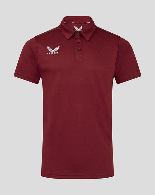 Mens Performance Polo in Biking Red with self fabric collar three button placket forward shoulder seam and heat sealed Castore logo on chest
