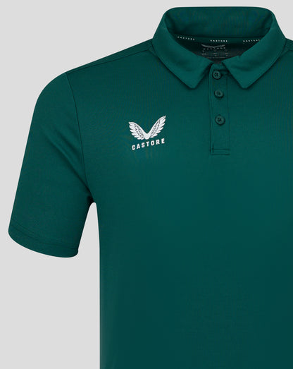 Botanical Garden teal mens performance polo with white wing Castore logo on chest