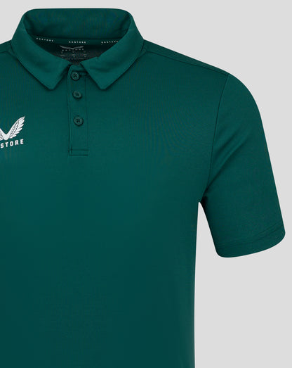 Teal Castore mens performance polo close up showing collar three button placket and chest logo