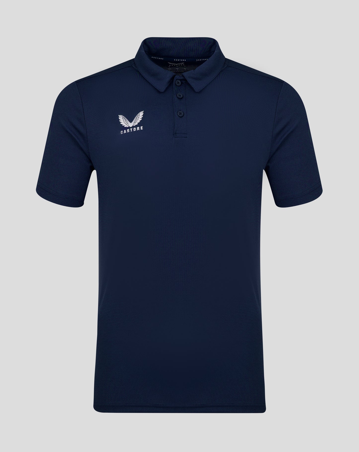 Navy men's performance polo with self fabric collar three button placket and Castore logo on chest