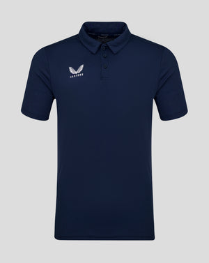 Navy men's performance polo with self fabric collar three button placket and Castore logo on chest