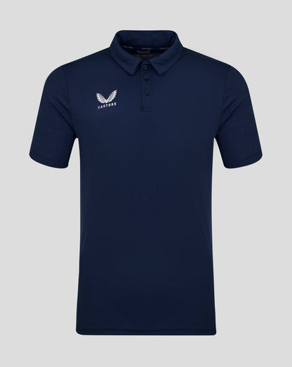 Navy men's performance polo with self fabric collar three button placket and Castore logo on chest
