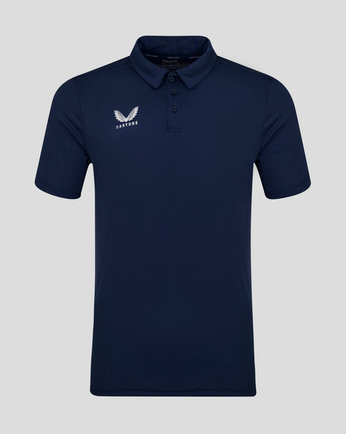 Navy men's performance polo with self fabric collar three button placket and Castore logo on chest