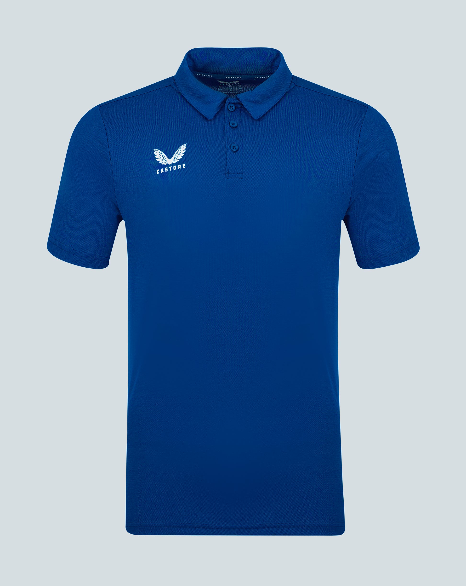 Mens Performance Polo Surf The Web in blue with self fabric collar three button placket forward shoulder seam and Castore logo