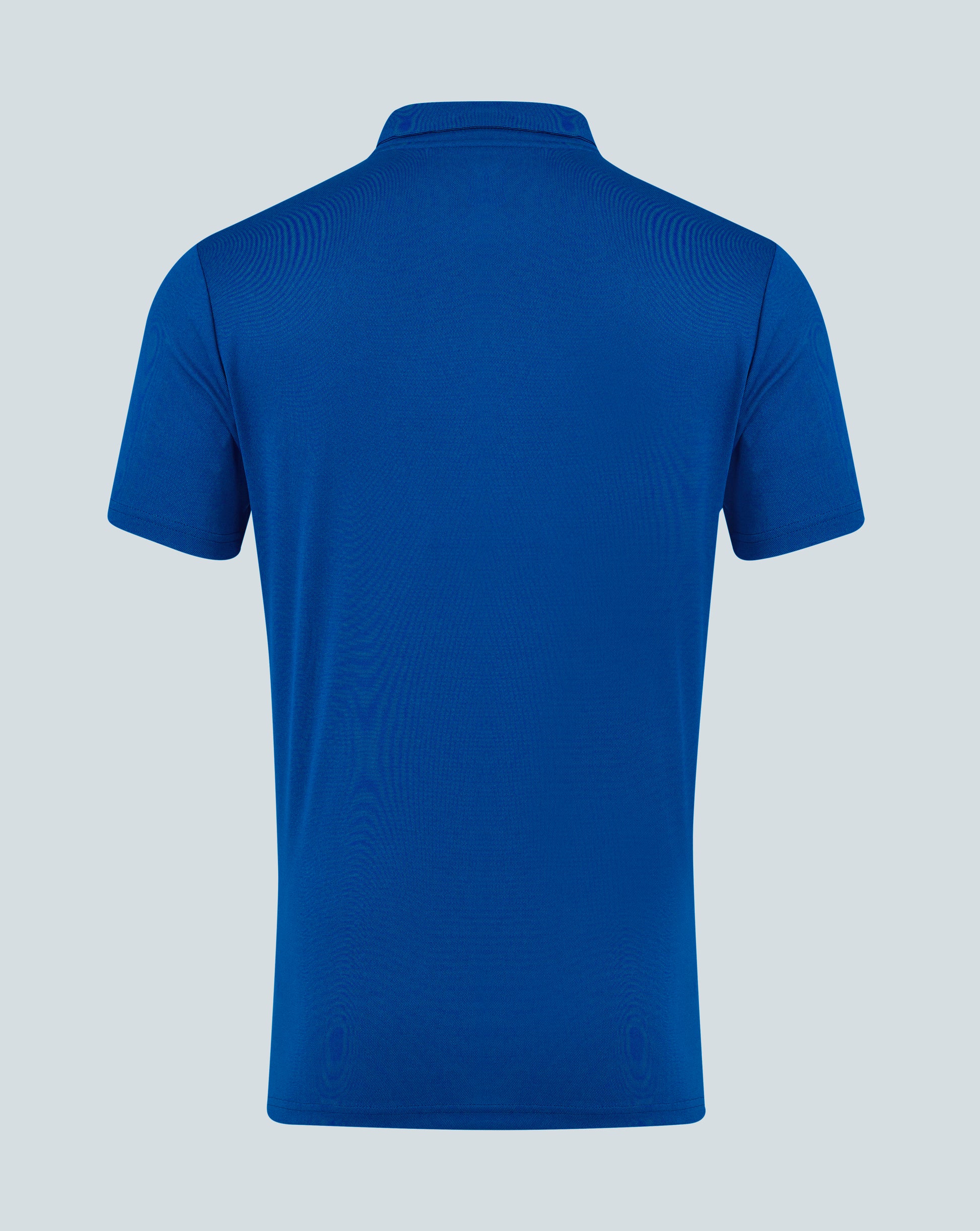 Back view of blue Mens Performance Polo Surf The Web showing clean collar and short sleeves