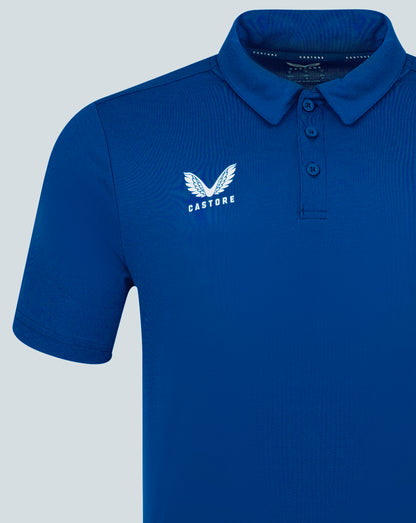 Blue mens performance polo with a large white Castore wing logo on the left chest.