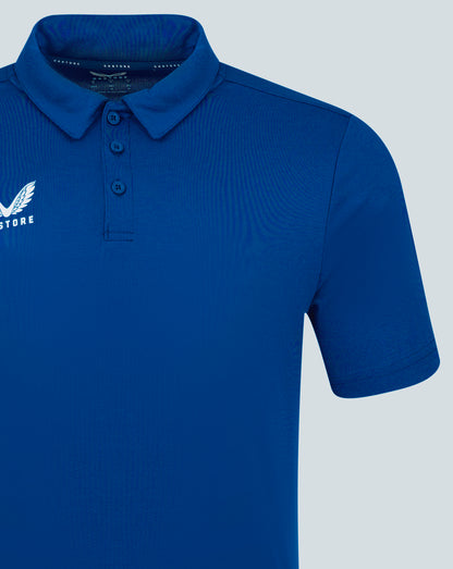 Blue polo shirt with three button placket and Castore logo on the left chest.
