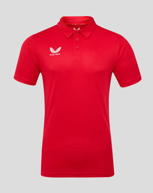 True red polo shirt with three button placket and Castore logo on the left chest.
