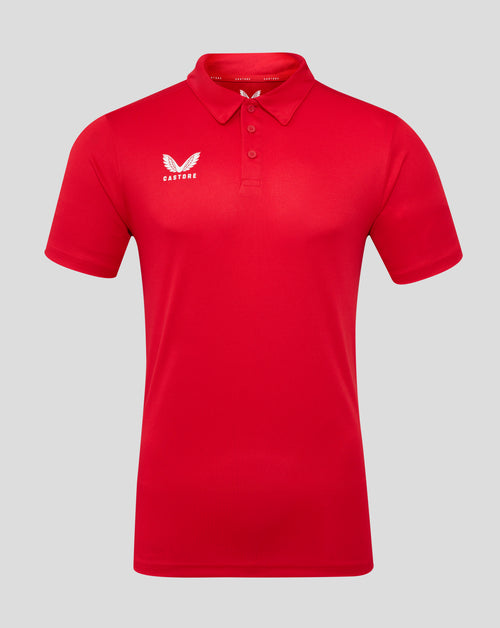 True red polo shirt with three button placket and Castore logo on the left chest.