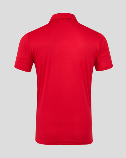 Back view of a bright red men's performance polo with short sleeves and a curved hem.