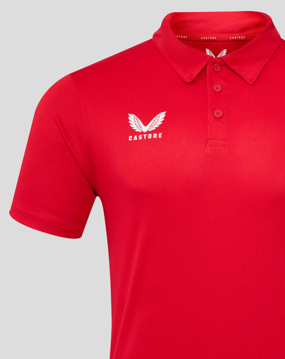 Red men's performance polo with self fabric collar three button placket and white Castore wing logo on the left chest.
