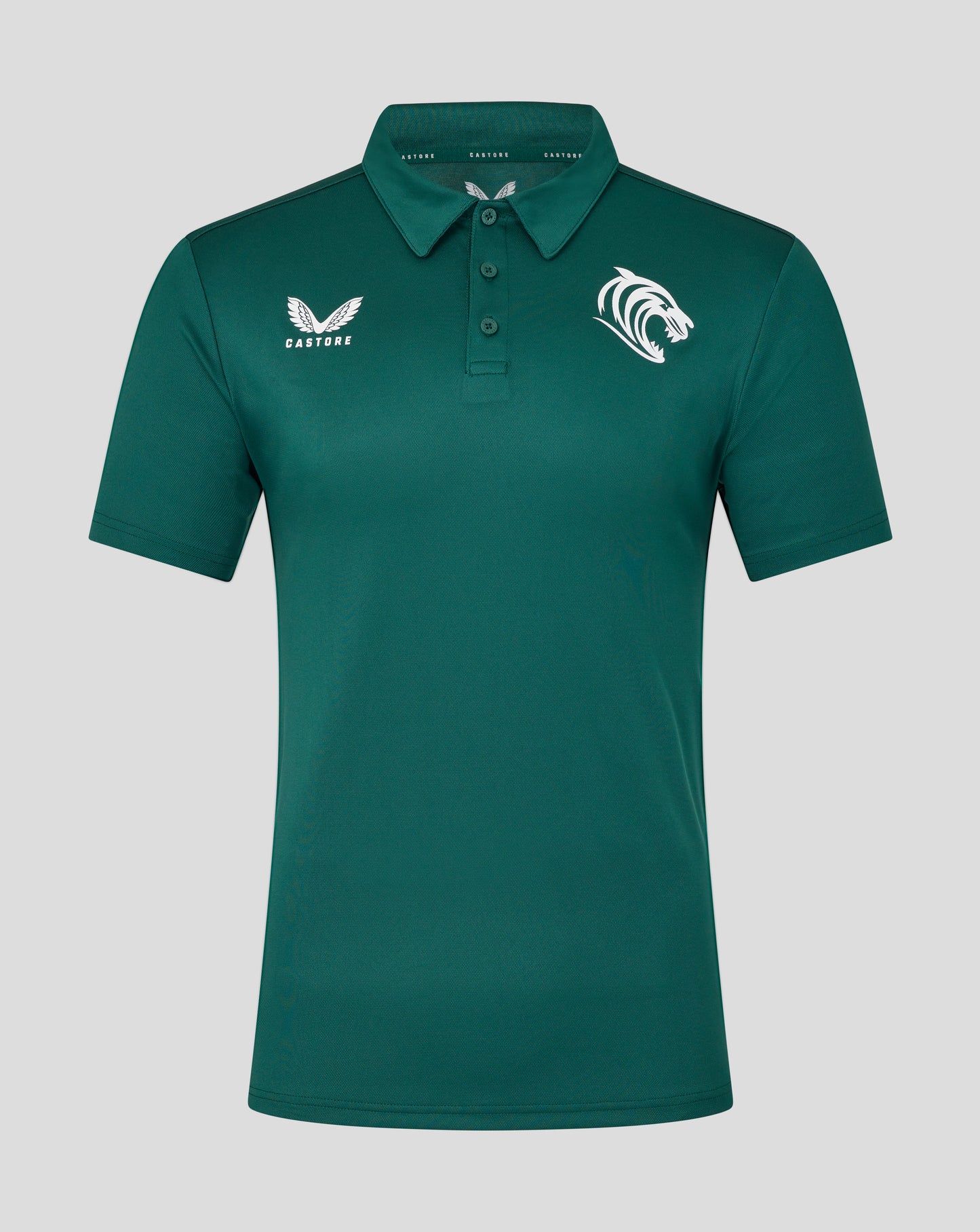 Front view of teal Leicester Tigers training polo with a large white tiger emblem on the left chest and the Castore logo on the right chest