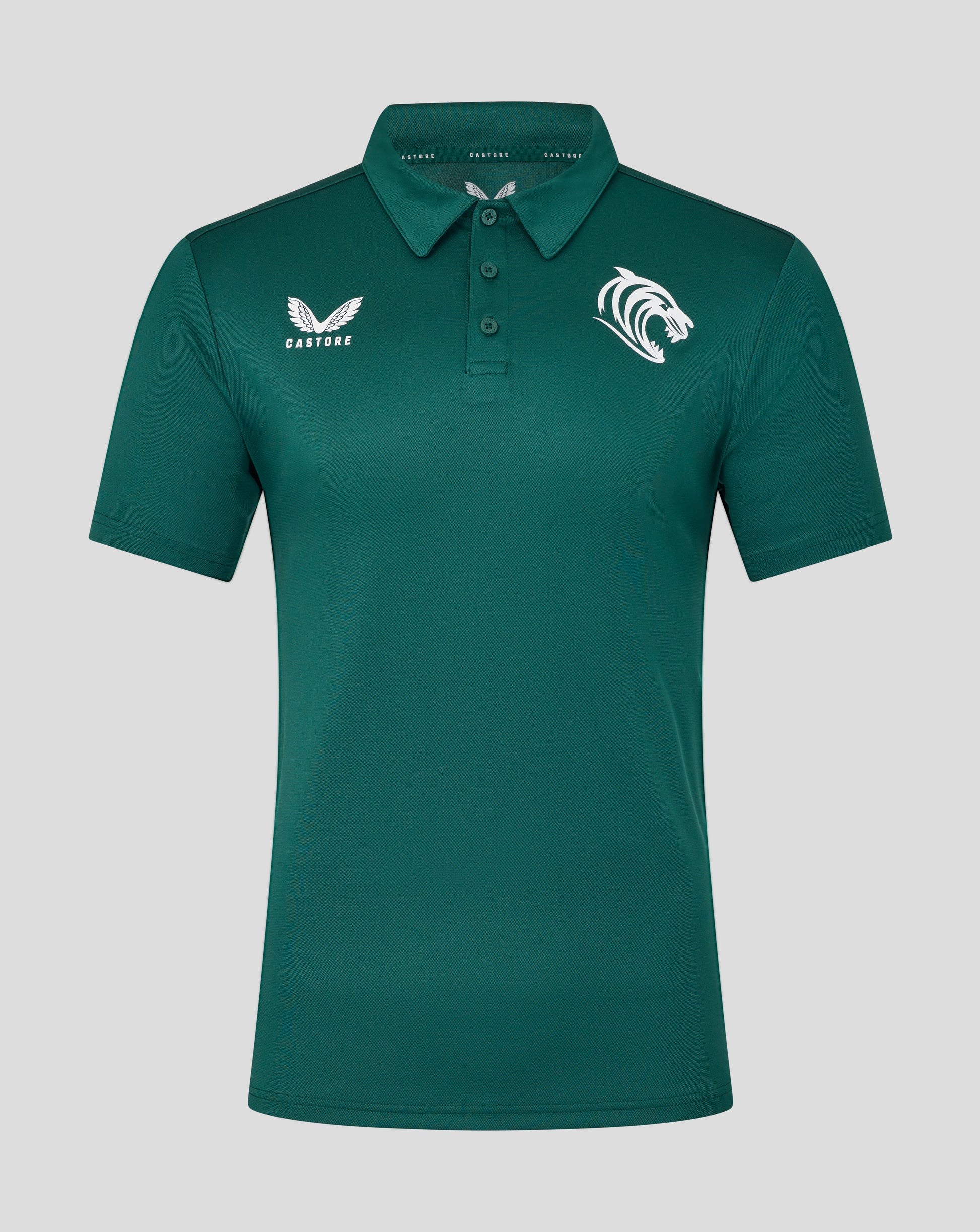 Front view of teal Leicester Tigers training polo with a large white tiger emblem on the left chest and the Castore logo on the right chest