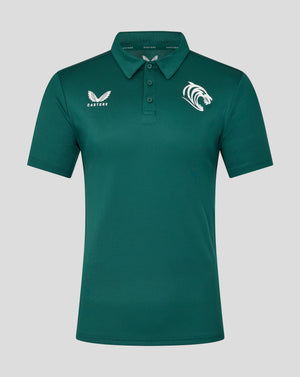 Front view of teal Leicester Tigers training polo with a large white tiger emblem on the left chest and the Castore logo on the right chest