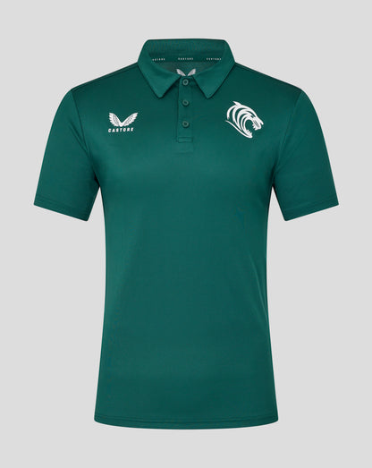Front view of teal Leicester Tigers training polo with a large white tiger emblem on the left chest and the Castore logo on the right chest
