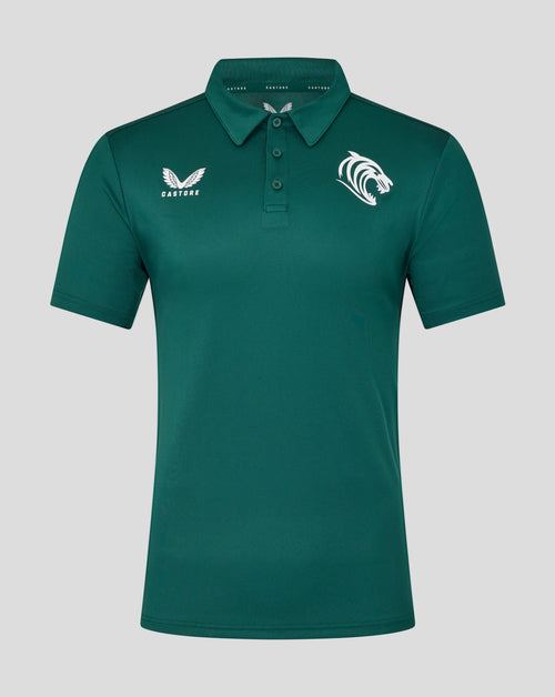 Front view of teal Leicester Tigers training polo with a large white tiger emblem on the left chest and the Castore logo on the right chest
