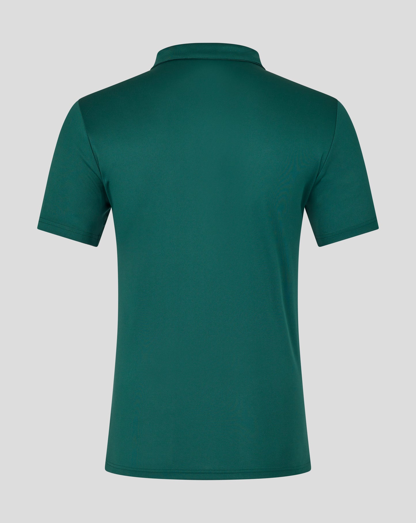 Back view of teal Leicester Tigers training polo showing the collar and back neck branding