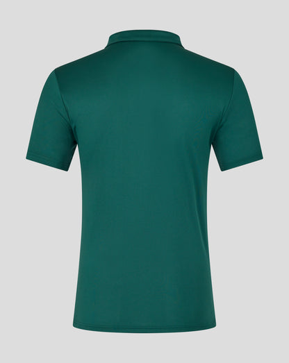 Back view of teal Leicester Tigers training polo showing the collar and back neck branding