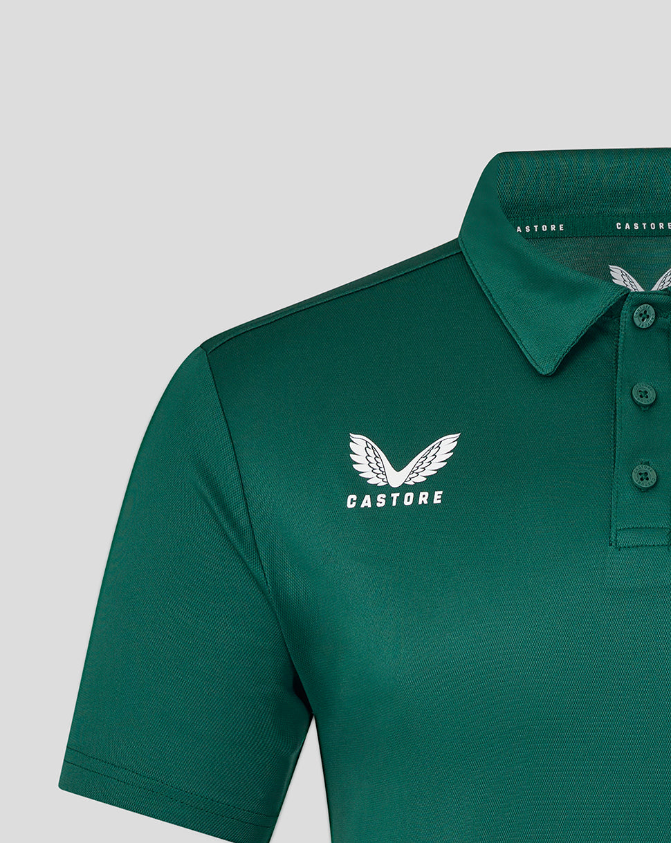 Close up of green botanical Leicester Tigers training polo showing white Castore logo on the left chest