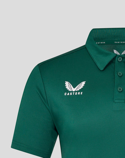 Close up of green botanical Leicester Tigers training polo showing white Castore logo on the left chest