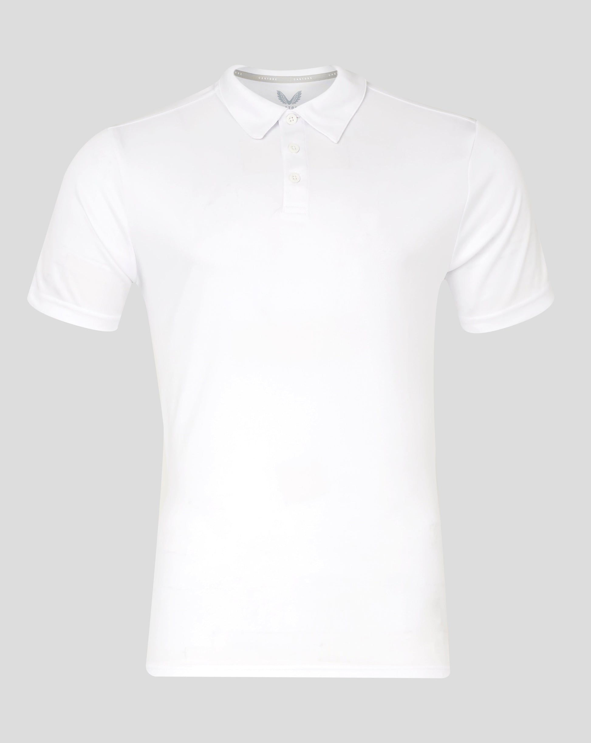 White men's performance polo on a mannequin showing self fabric collar three button placket and forward shoulder seams