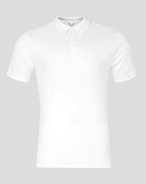 White men's performance polo on a mannequin showing self fabric collar three button placket and forward shoulder seams