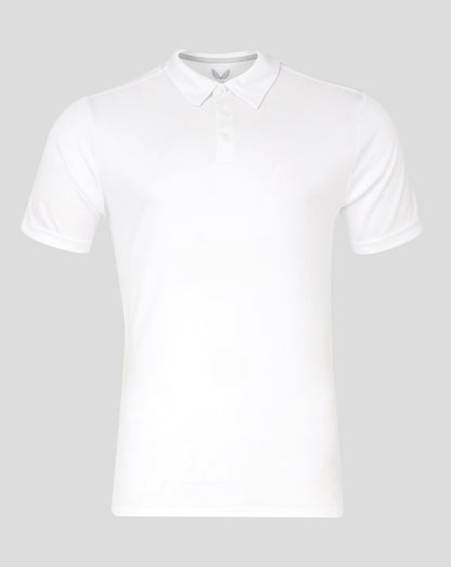 White men's performance polo on a mannequin showing self fabric collar three button placket and forward shoulder seams