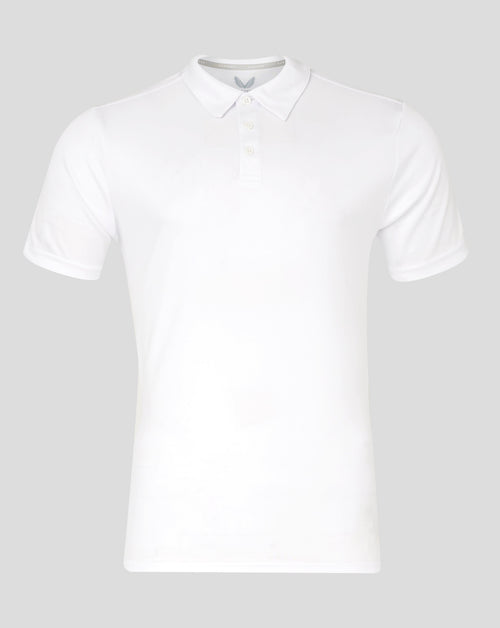 White men's performance polo on a mannequin showing self fabric collar three button placket and forward shoulder seams