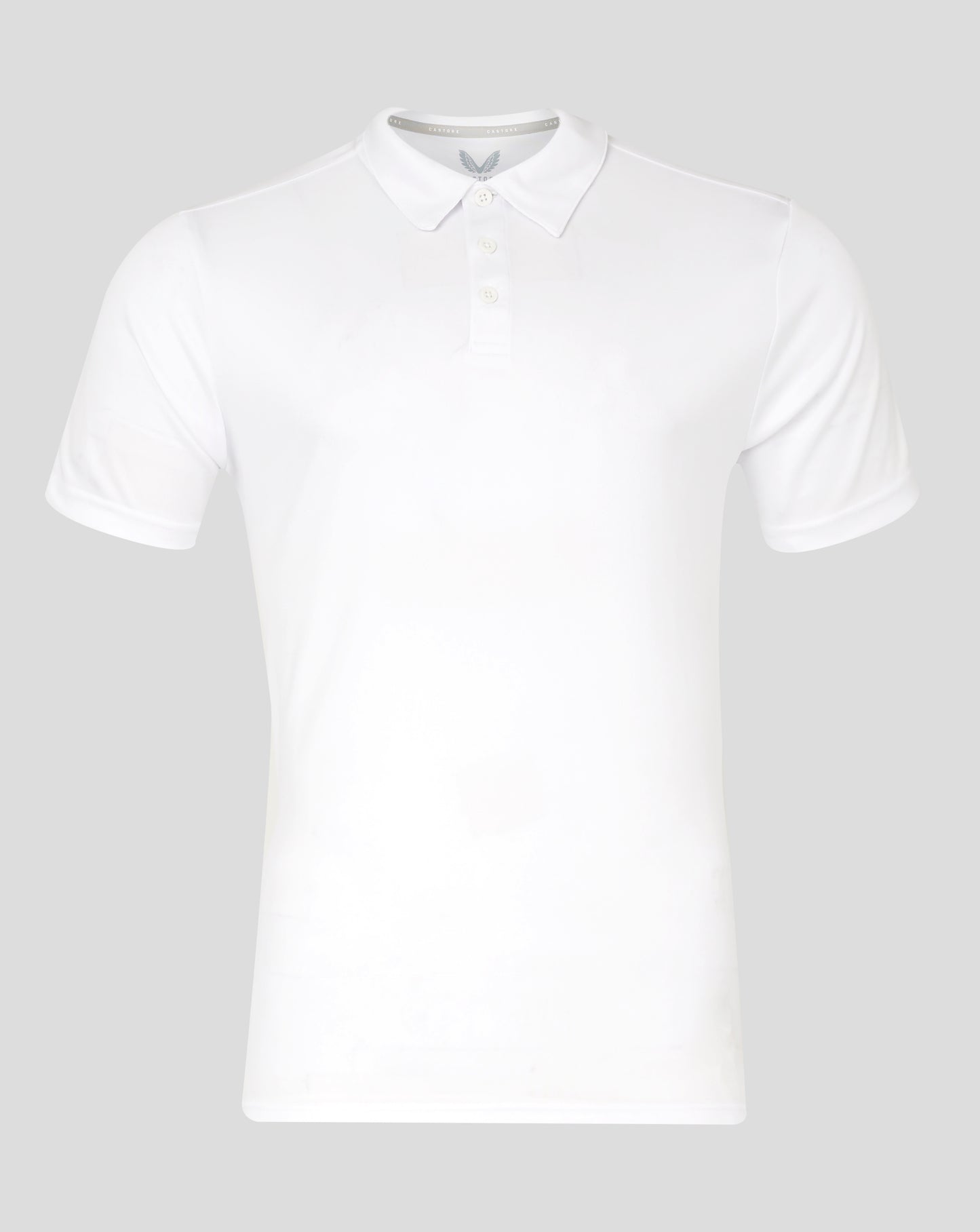 Front view of white Mens Performance Polo with collar and three-button placket