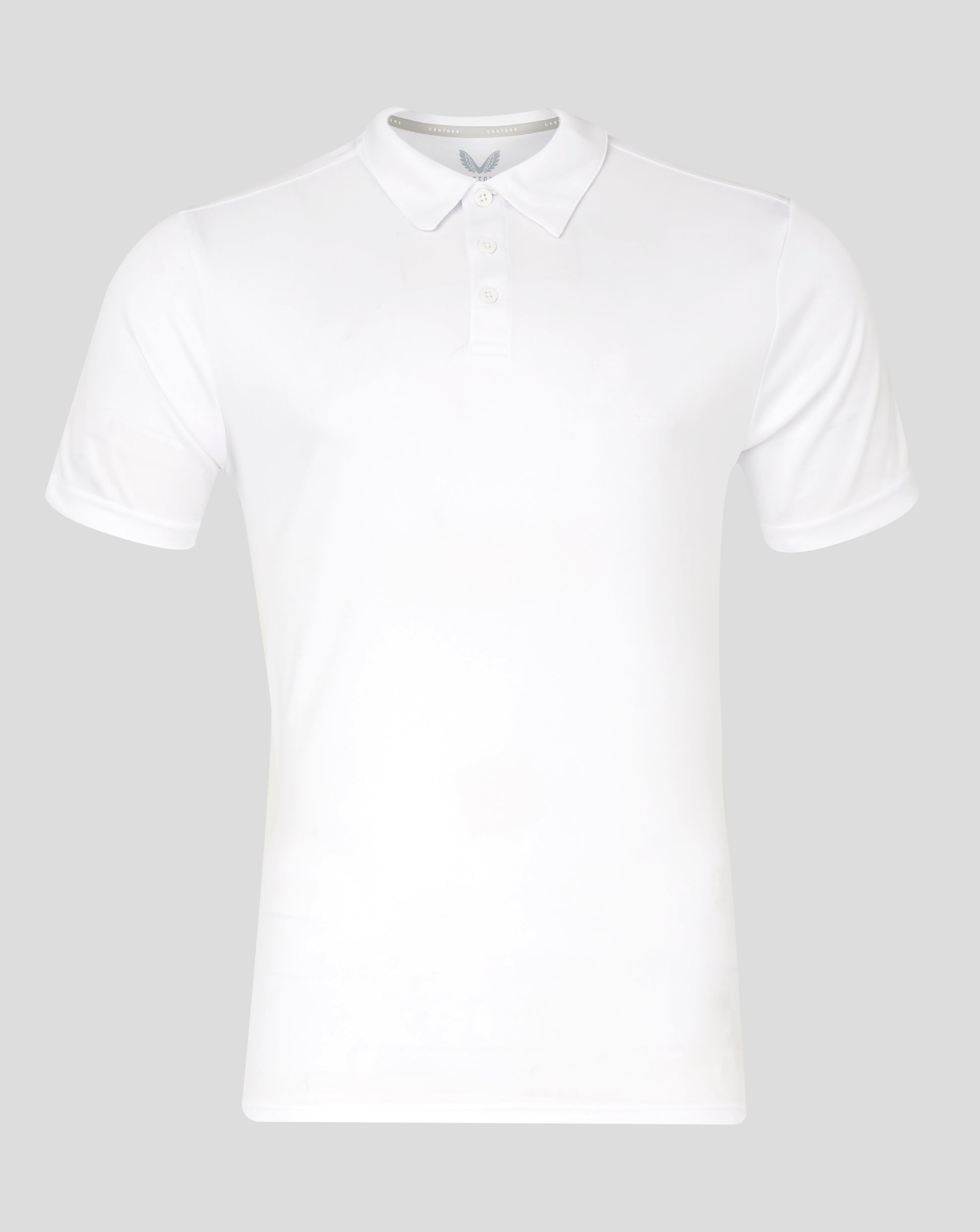 Front view of white Mens Performance Polo with collar and three-button placket