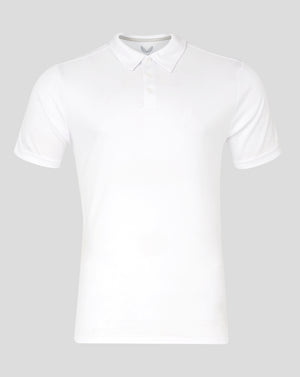 Front view of white Mens Performance Polo with collar and three-button placket