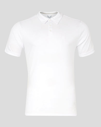 Front view of white Mens Performance Polo with collar and three-button placket