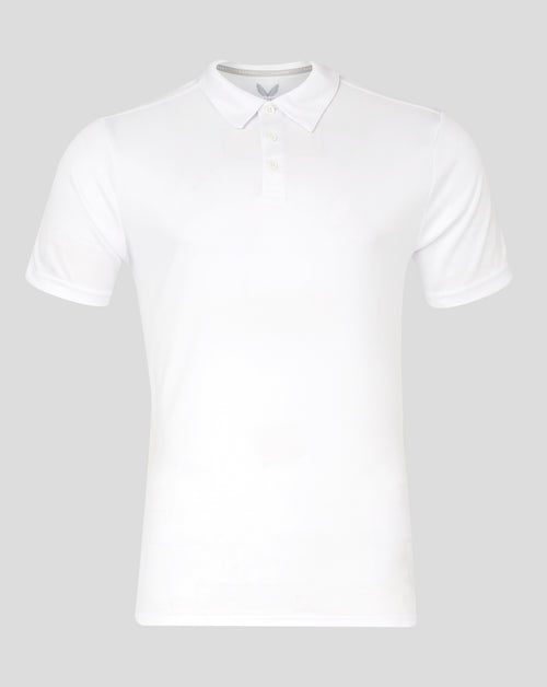 Front view of white Mens Performance Polo with collar and three-button placket